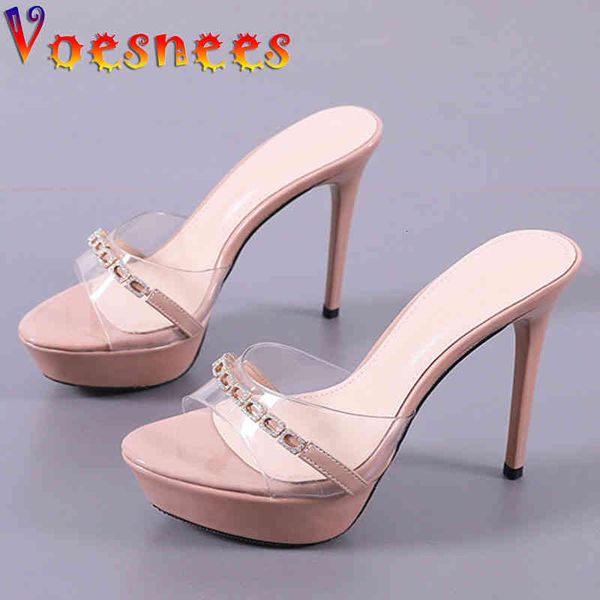 

sandals voesnees women slipper 2021 pvc transparent stilettos sandal comfortable 12cm diamond high heel shoes waterproof platform, Black