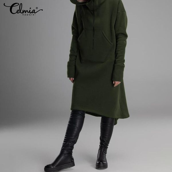 

casual dresses 2021 celmia women hooded dress s-5xl plus size long sleeve asymmetrical sweatshirts loose hoodies vestidos, Black;gray