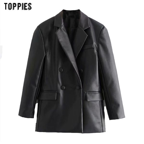 Toppeis Fashion Black Pu Leather Jacket Donna Abiti Blazer doppiopetto Cappotto femminile Office Lady Clothes 210412