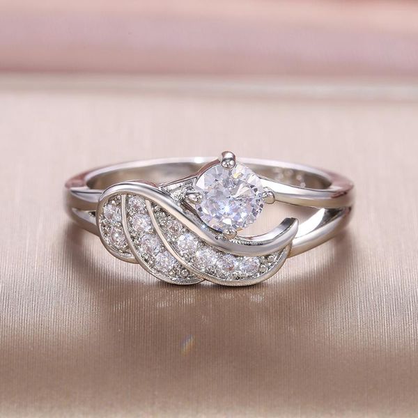 

wedding rings women jewelry romantic feather shape finger ring with dazzling cubic zirconia ceremony party, Slivery;golden
