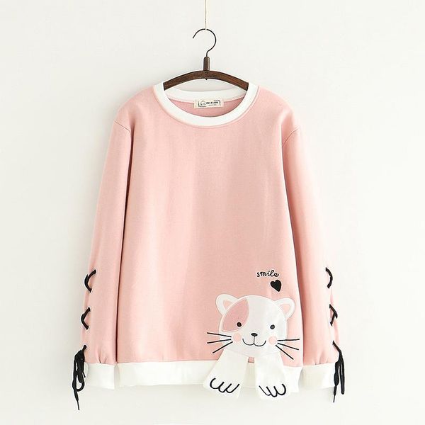 

women's hoodies & sweatshirts japanese sweet small fresh 3d cute cat embroidery plus velvet warm sweatshirt student girl soft, Black