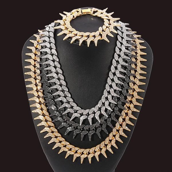 

heavy bling rhinestone iced out cuban necklace bracelet hip hop thorns rivet necklaces rapper jewelry chokers, Golden;silver