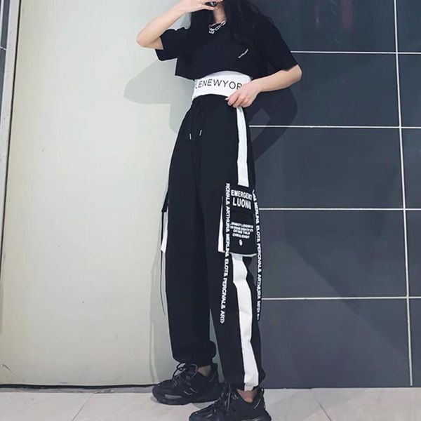 

women's two piece pants women cargo pieces set ribbon pocket jogger elastic waist high streetwear harajuku female trousers suit, White