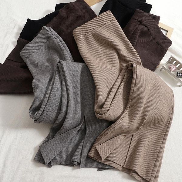

women's pants & capris guuzyuviz elegant split flare mujer autumn winter high waist soft casual knitting trouses women brown, Black;white