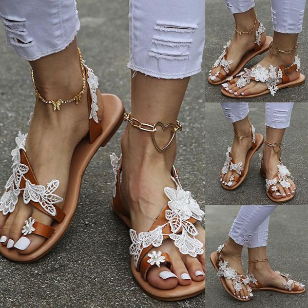 

sandals 2021women flat shoes summer bohemian gladiator roman sandal lace straps floral style sandalias mujer white female beach, Black