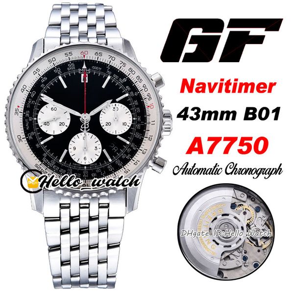 Gf b01 43mm ab012111b1a1 a775011a1 a7750 ETA automático cronógrafo mens relógio preto discagem branca subdial ab0121111 pulseira de aço inoxidável relógios hwbe hello_watch