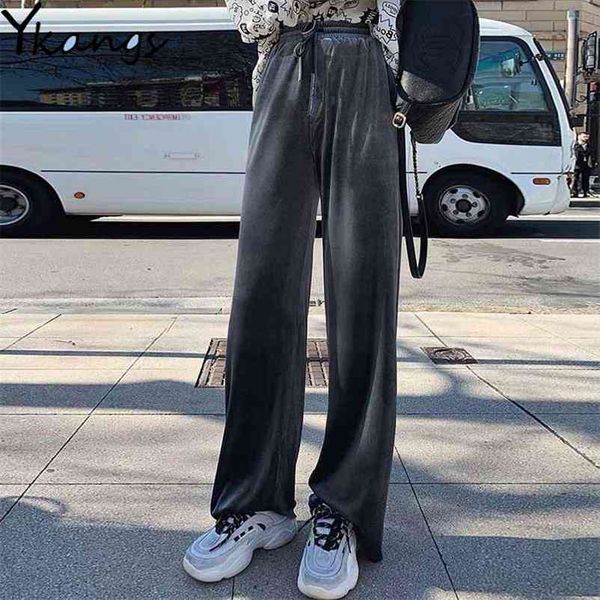 

women's plus size black casual pants vintage solid velvet high waist trousers autumn female retro loose wide leg 210421, Blue