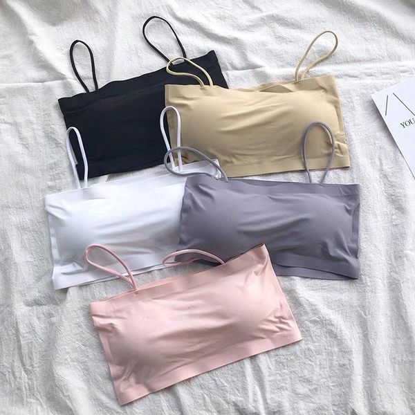 

camisoles & tanks pure color seamless ice silk sling bras beauty back no steel ring wrap underwear women breathable tube bra femal, Black;white