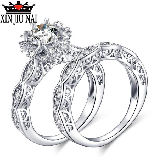

cluster rings 2/pcs paired ring set promotion sparking women wedding band clear cubic round cut 3ct 5a zircon cz 925 silver for, Golden;silver