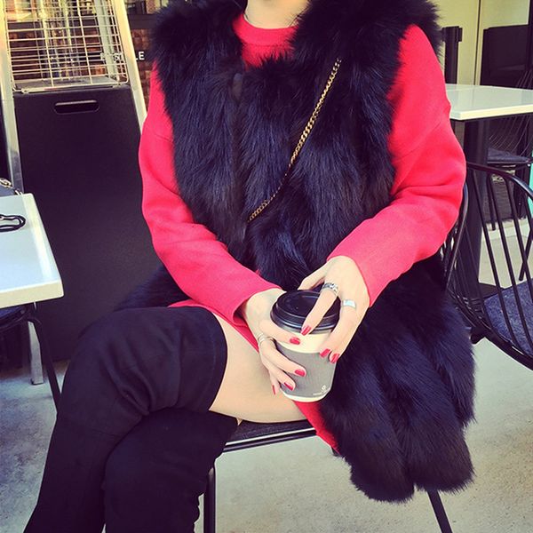 

blends autumn winter women elegant black faux vests sleeveless fake fox fur jackets medium long slim waistcoat a299