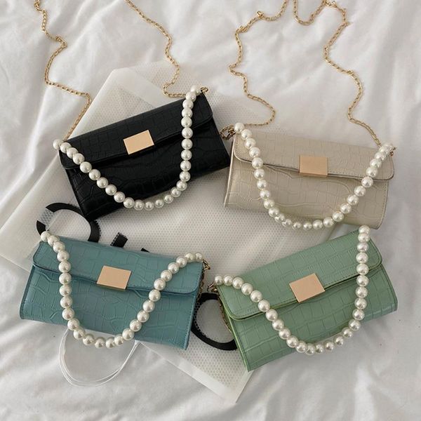 

evening bags fashion women pure color alligator pattern pu leather shoulder crossbody bag casual ladies chain small pearl purses and handbag