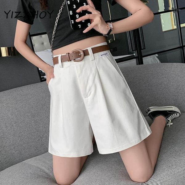 

women's shorts yizzhoy summer female fashion solid khaki black wide leg women casual straight high waist suit with belt, White;black