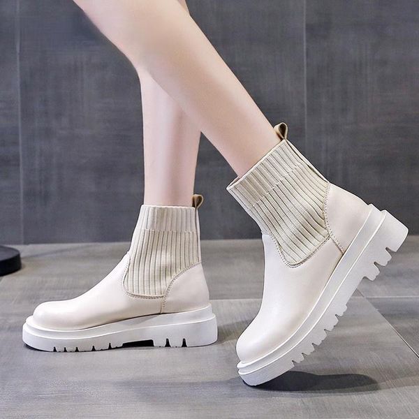 

ankle boots woman slip-on shoes fashion knitted elastic round toe short platform square heels leather women, Black