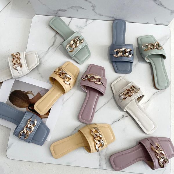 

metal chain summer beach slides shoes women soft sole elegant solid outdoor slippers flat sandals flip flops, Black