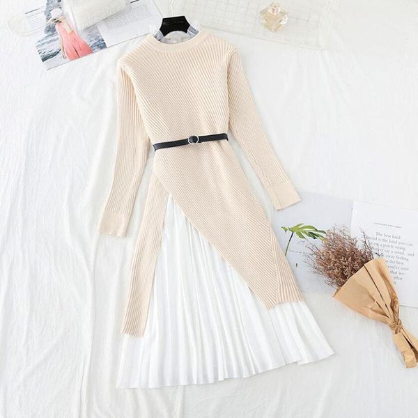 

casual dresses 2021 autumn winter suit women dress long sleeve sweater + lotus leaf collar vest two piece set elegant midi knitted, Black;gray