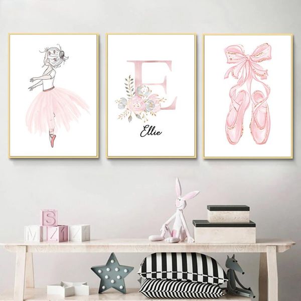 

paintings pink shoes ballet girl canvas print flower custom name poster painting nursery wall art nordic baby girls room decorpictures