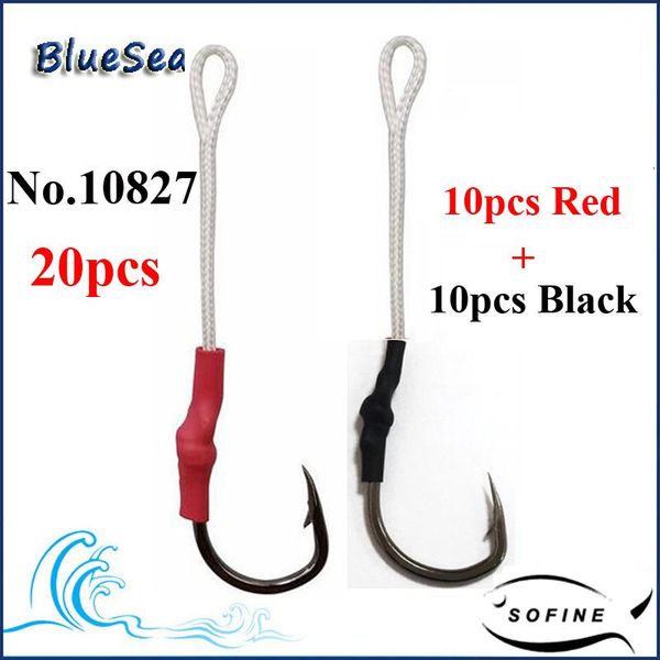 

bluesea 20 pcs 10827 red/black tube each 10 stainless steel jig assist hooks jigging bait fishing hook with pe line