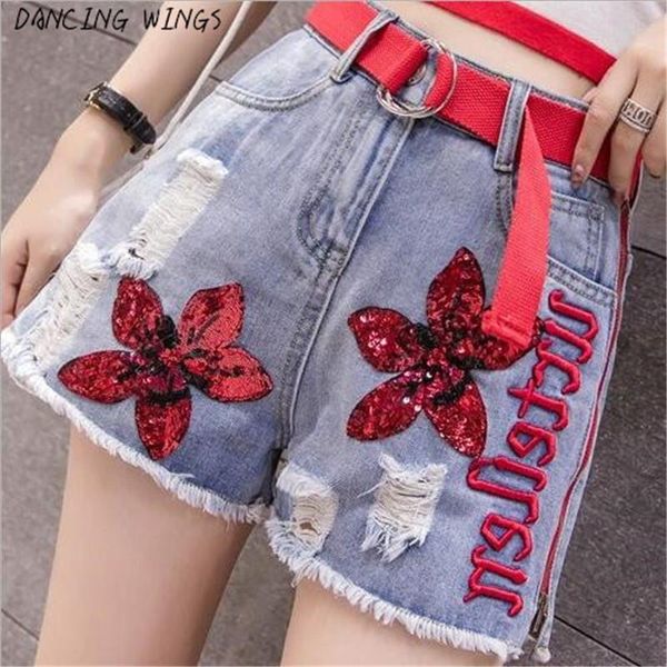 

women side zipper hole denim shorts embroidered flower sequin female summer jeans short women's, White;black