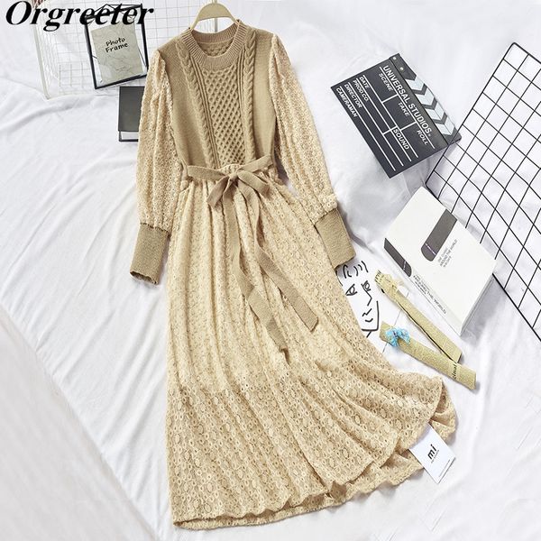 

sweet lace dress spring fall knitted pullover long lantern sleeve sashes -up hem a-line holiday women 210525, Black;gray