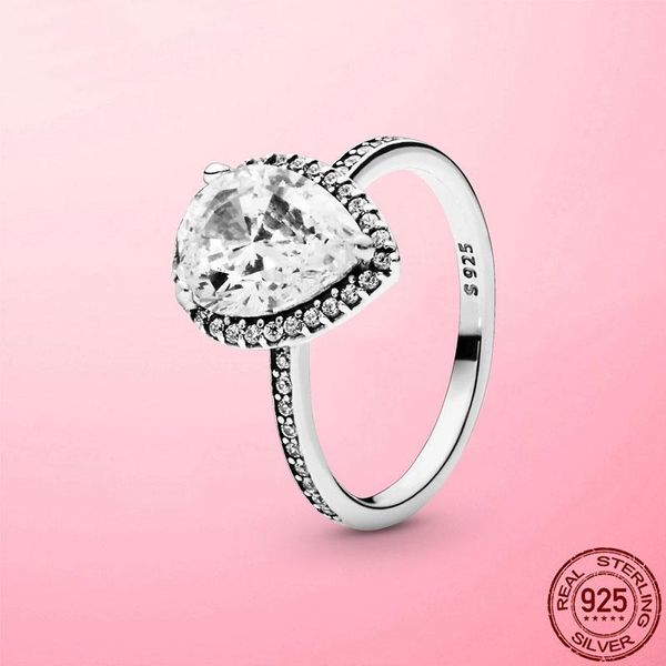

cluster rings luxury women 925 sterling silver sparkling teardrop ring zircon for original brand wedding jewelry gift, Golden;silver