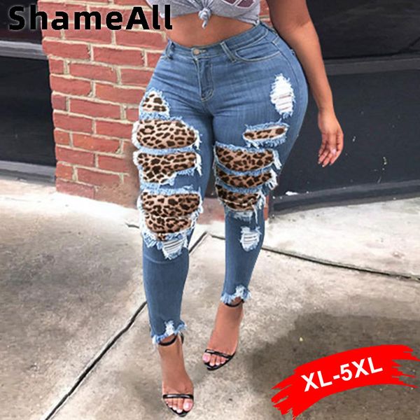 

plus size leopard patchwork ripped skinny ankle length jeans 5xl streetwear vintage stretchy riped baggy indie denim pants, Blue