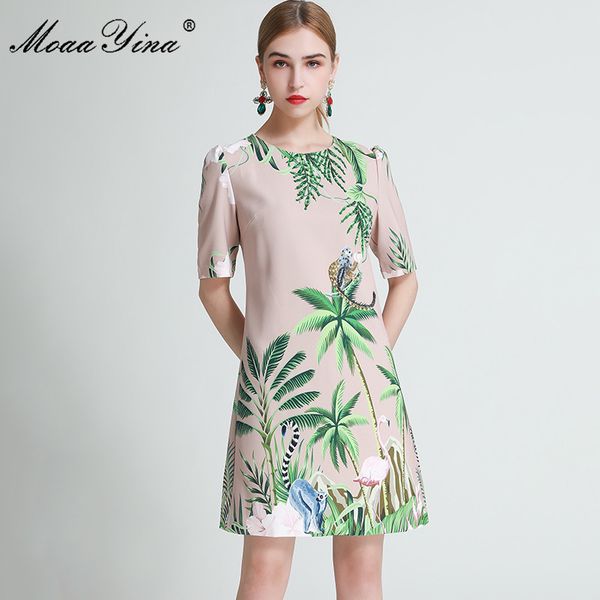 Mode Designer Kleid Sommer Damen Kleid Kurzarm Perlen Pailletten Affe Grün Blatt Print Kleider 210524