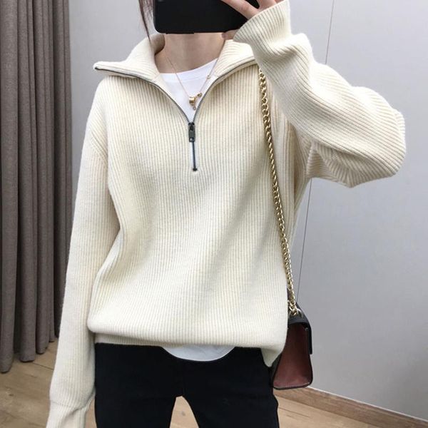 

women's sweaters jumper 2021 autumn winter long sleeve knitted pullovers zippers loose casual solid white turtleneck women, White;black