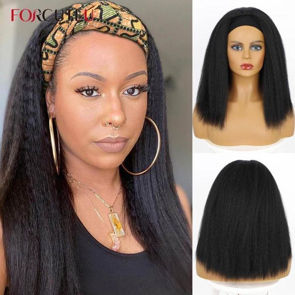 

afro yaki straight synthetic headband wigs for black women natural short kinky curly women's wig with hair1