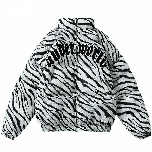 

men hiphop winter jacket letter embroidery zebra pattern print loose padded parkas black warm streetwear windproof bubble jacket