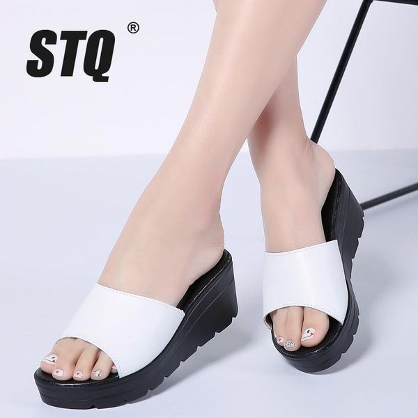 

slippers stq 2021 summer women flat sandals shoes slides beach platform round toe white flip flops 556, Black
