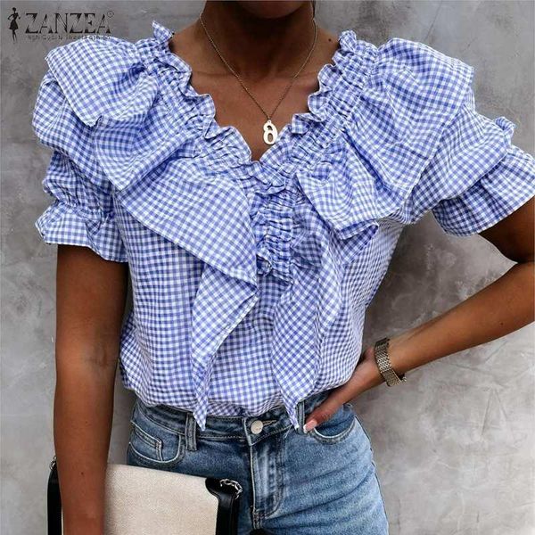

women's blouses & shirts grid short puff sleeve checked printed blouse women casual summer v neck plaid chemise zanzea work ol ruffle, White