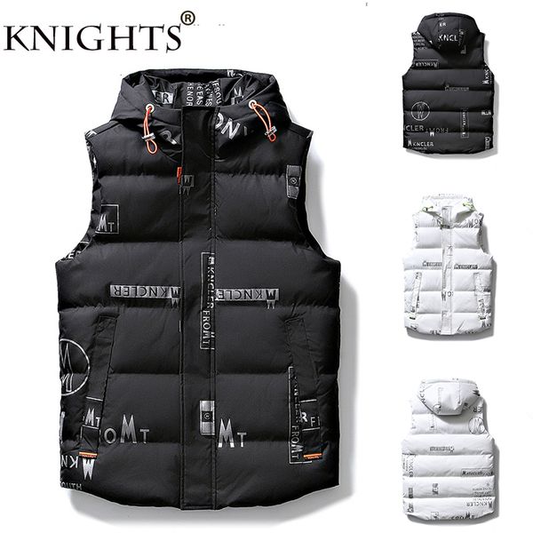 

2021 autumn winter sleeveless jacket down vest men's warm thick loose hooded coats padded waistcoat men, Black