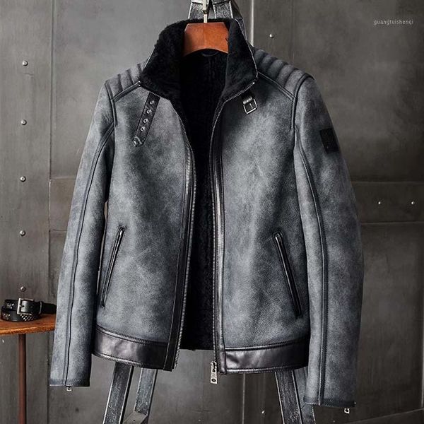 

men's leather & faux shearling coat mens b3 bomber jacket grey sheepskin motorcycle winter coats short fur, Black