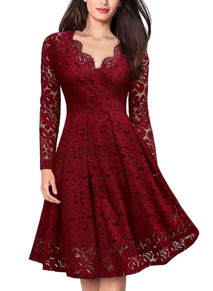 

autumn and winter women's lace dress women's long-sleeved short v-neck big swing, Black;gray
