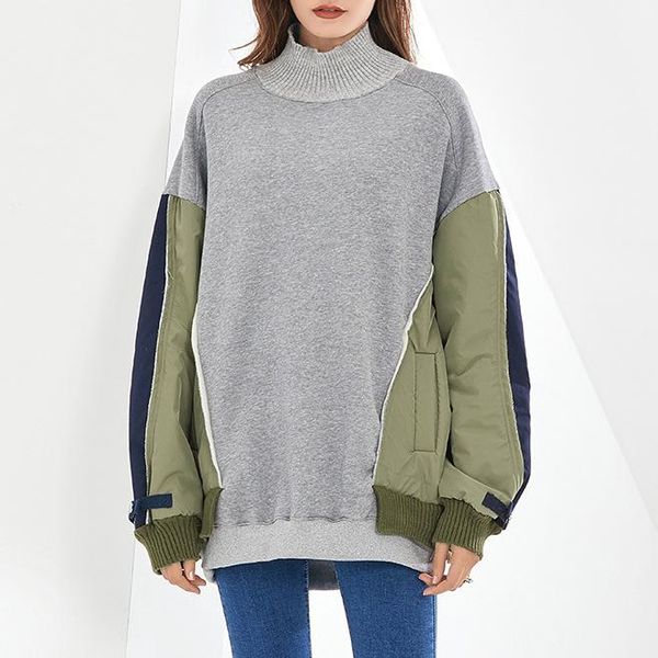 

women's hoodies & sweatshirts women turtleneck colorblock sweatshirt oversize loose autumn spring pullover tracksuit, Black