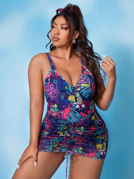 

plus allover print one piece swimsuit with beach skirt x9oy#, Black