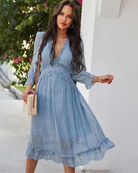 

casual dresses 2021 spring v neck print dress women butterfly sleeve high waist for summer chiffon, Black;gray
