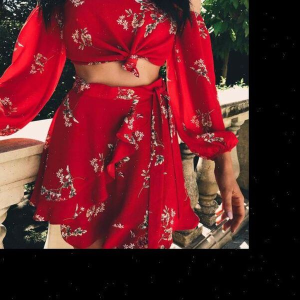 

2 piece bodycon off shoulder womens tracksuits slash neck floral crop and skirt set bandage dress summer party red, Gray