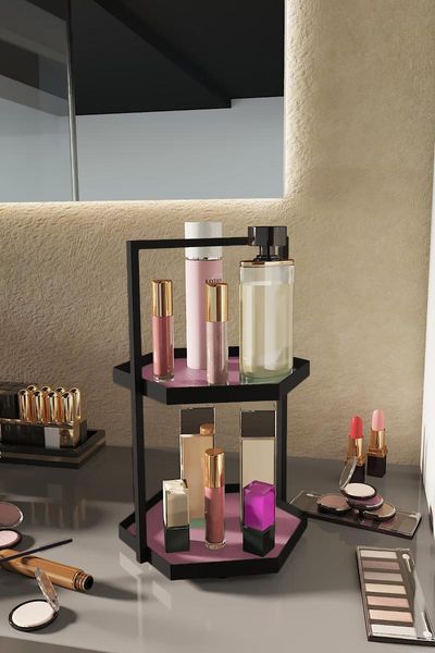 

two layers hexagonal powder pink leather jewelry bathroom kitchen makeup organizer 40 cm l4282791812-1 bath accessory set