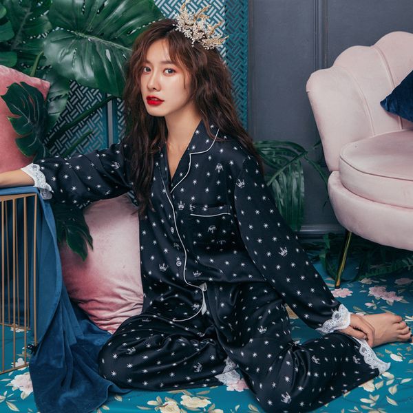 

lisacmvpnel print fashion women pajama set sweet lace cuff trousers long sleeve suit pyjamas, Black;red