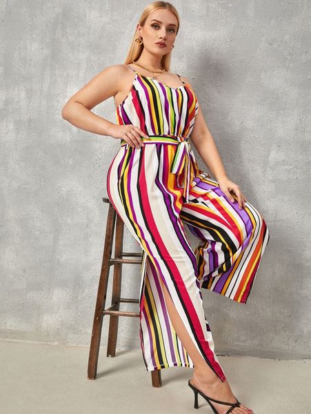

plus colorful striped split hem belted cami jumpsuit u2kp#, Black