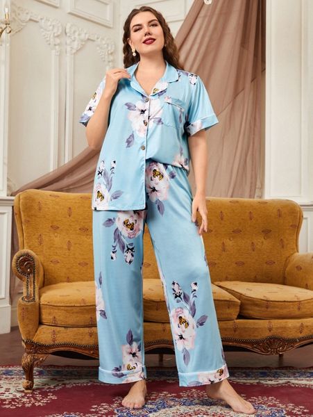 

plus floral print contrast piping pj set q1pj#, Black;white