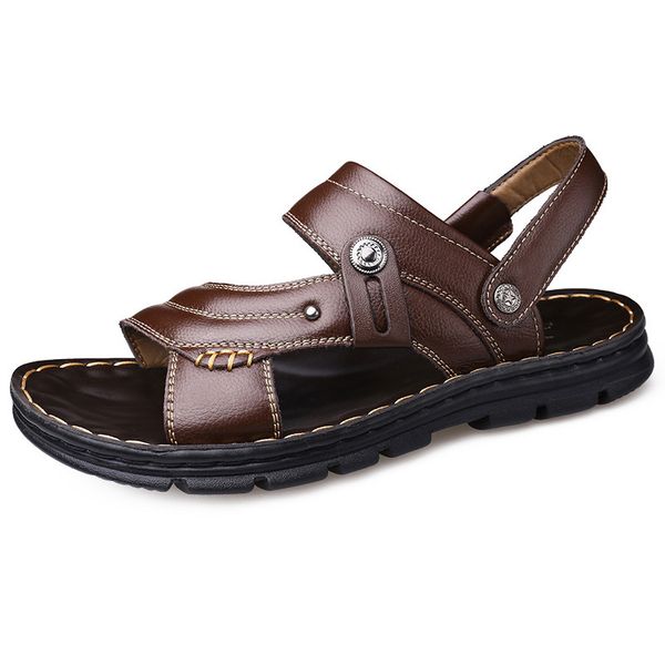 

new summer beach sandals men genuine leather shoes flat men sandals thick sole holiday summer slippers soft leather a2211, Black