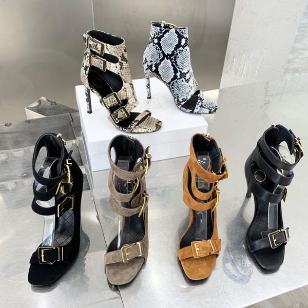 

sandals 2021 summer fall women serpentine boots genuine leather high heels buckle strap shoes outdoor, Black