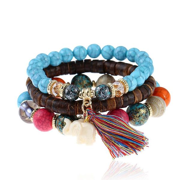 

tennis chic creative round bead tassel bracelets for women retro fashion multi-piece ethnic style ladies hand jewelry, Golden;silver