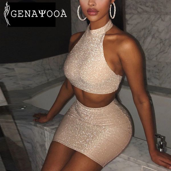 

genayooa sleeveless & club 2 women bling skinny mini skirt crop two piece set matching sets 210417, White