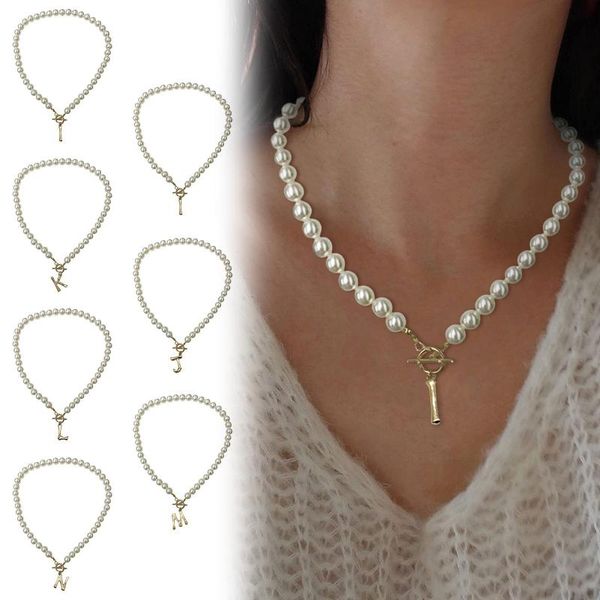 

pendant necklaces letters bohemian teardrop-shaped imitation pearls necklace for women hip hop pearl chain choker jewelry gifts, Silver