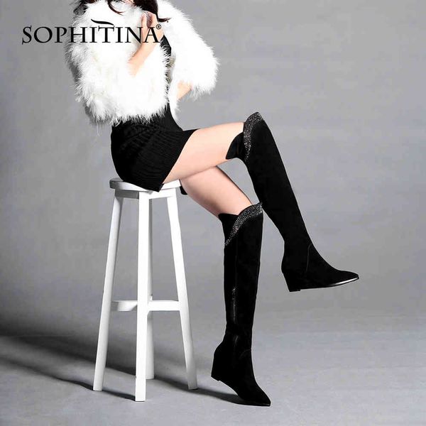 

sophitina winter cow suede warm kee-high boots woman genuine leather height increasing pointed toe crystal decoration po941 210513, Black