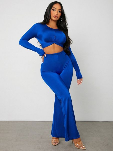 

sxy twist hem crop & flare leg pants i60k#, White