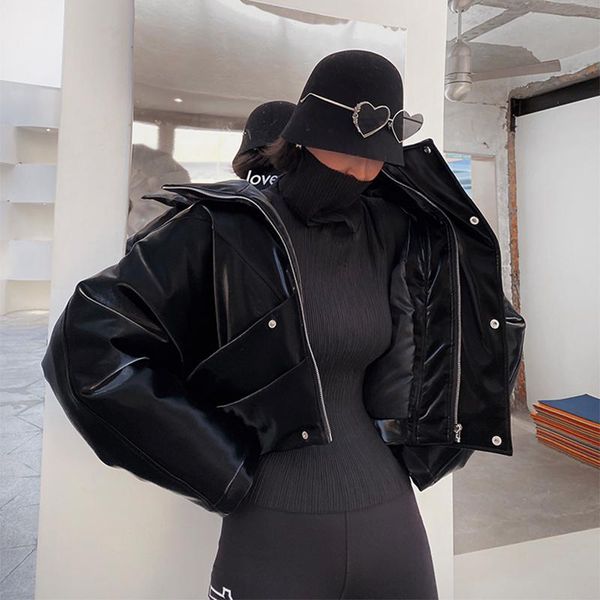 

women's leather & faux lautaro zip up patent jacket women long sleeve reflective clothing short large size soft jackets for, Black